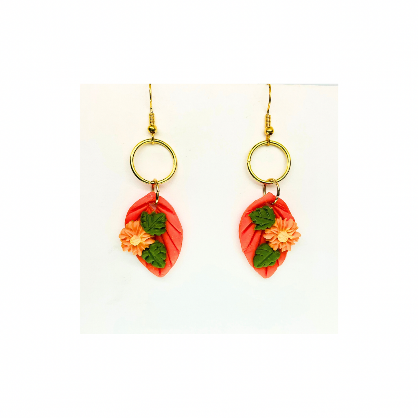 Fall Collection Orange Leaf with Floral Dangle Earrings - Unique Design with Green Leaves and Floral Accents