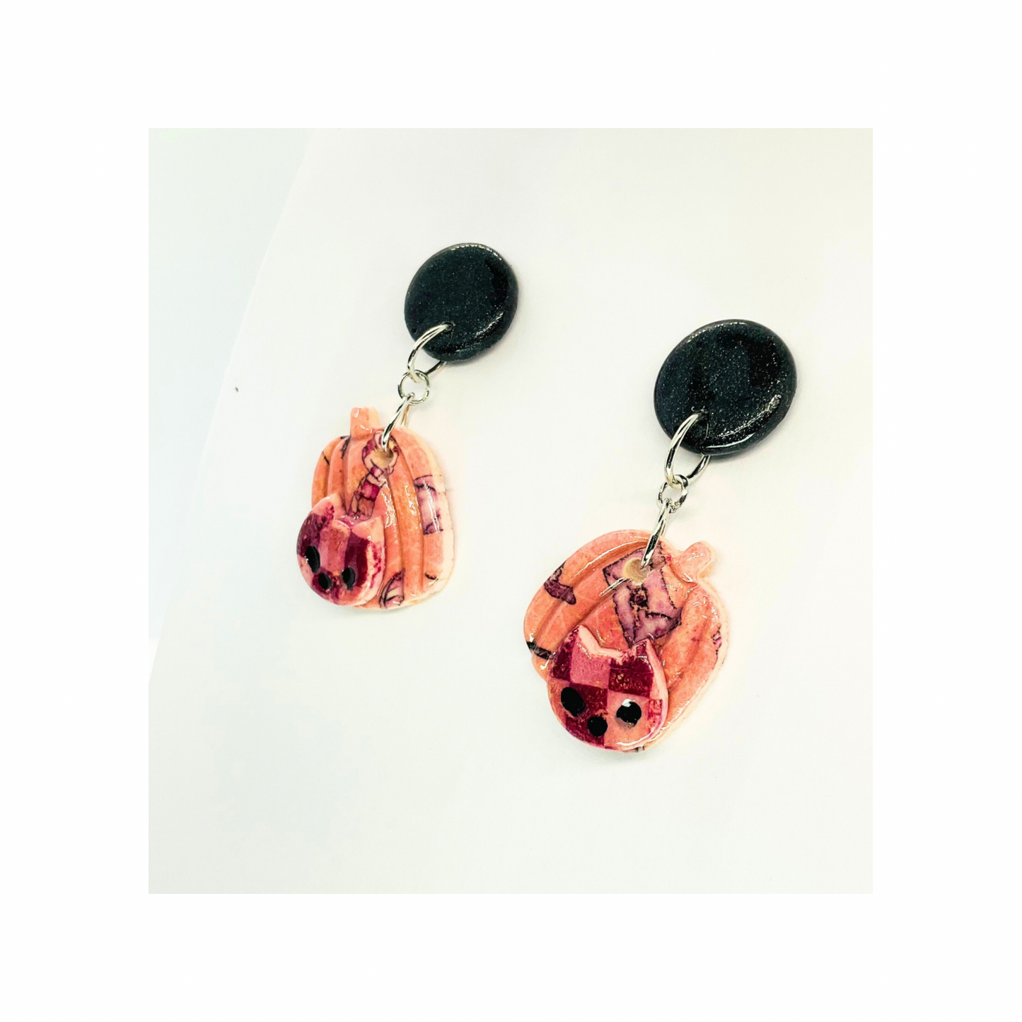 Wizard Collection Pumpkin with Cat Pink Dangle Earrings - Unique Design with Cat Accent