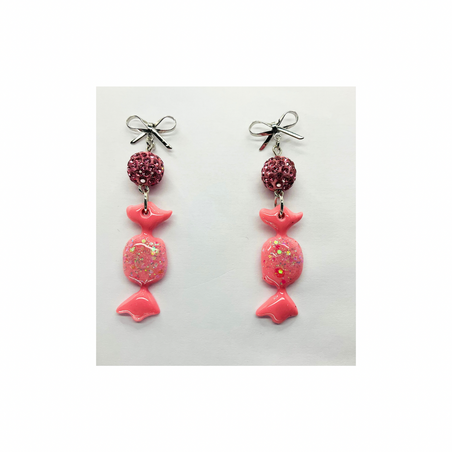 Pink Wrapped Candy Earrings with Sparkle Bead & Silver Stud Bow Dangle for Festive Wear