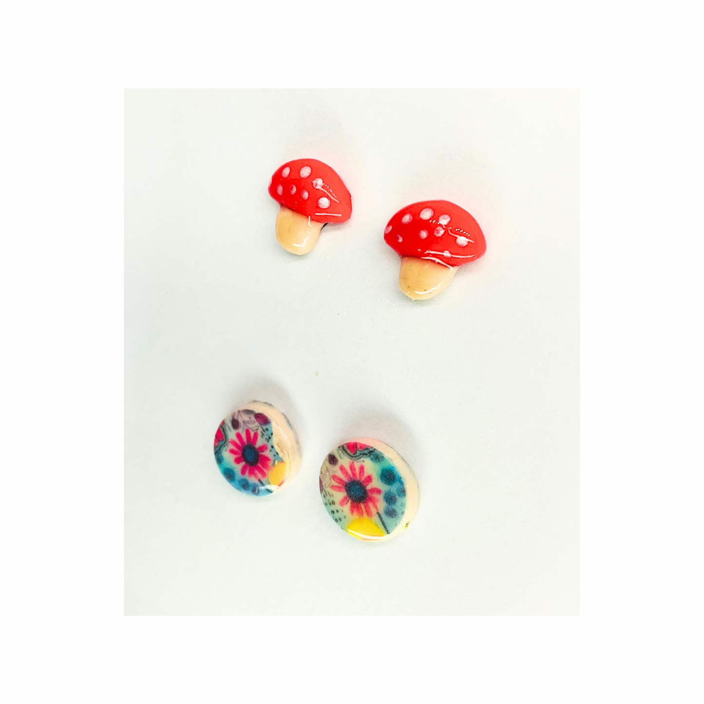 Fall Collection Mushroom and Flower Stud Earrings - Red and White Design