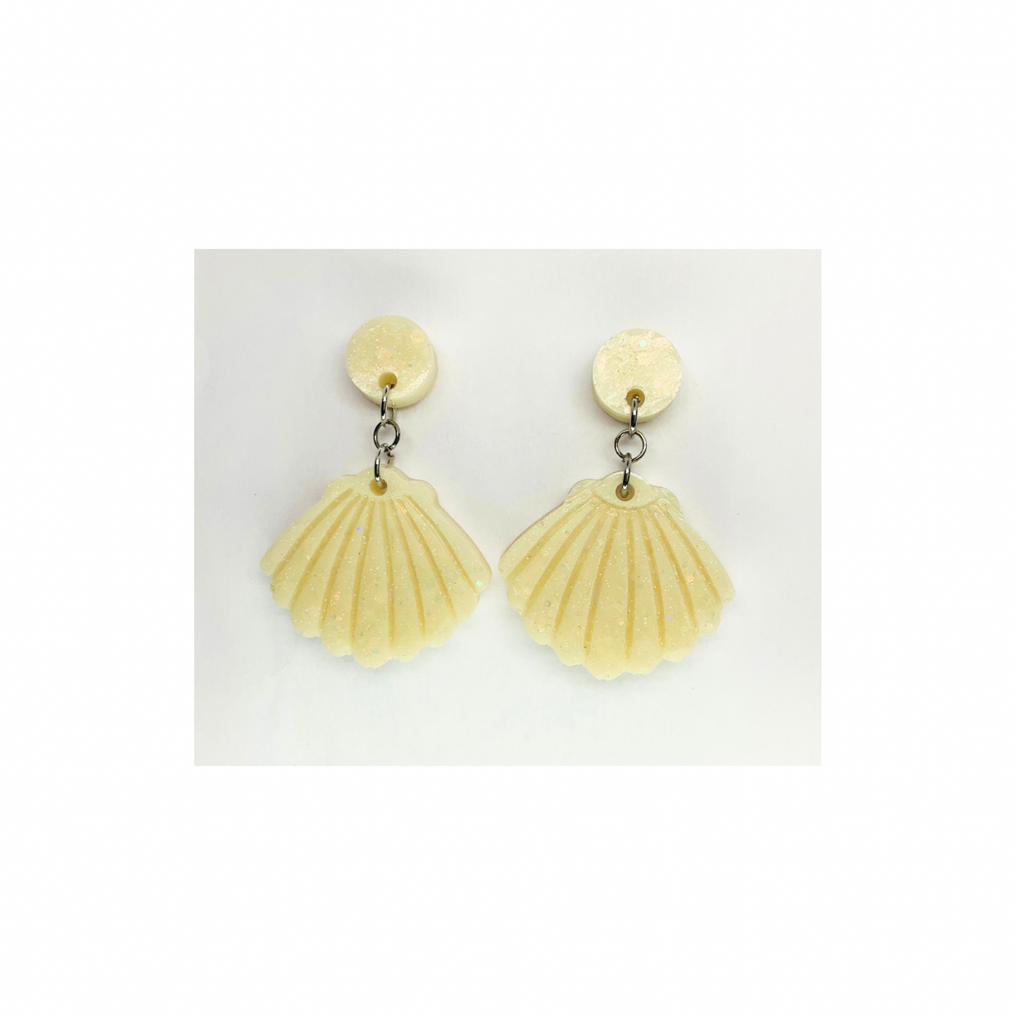 Ocean Collection Crean Sparkle Shell Dangle Earrings - Cream Acrylic Metallic Paint & Fine White Glitter Resin Earrings with Silver Post