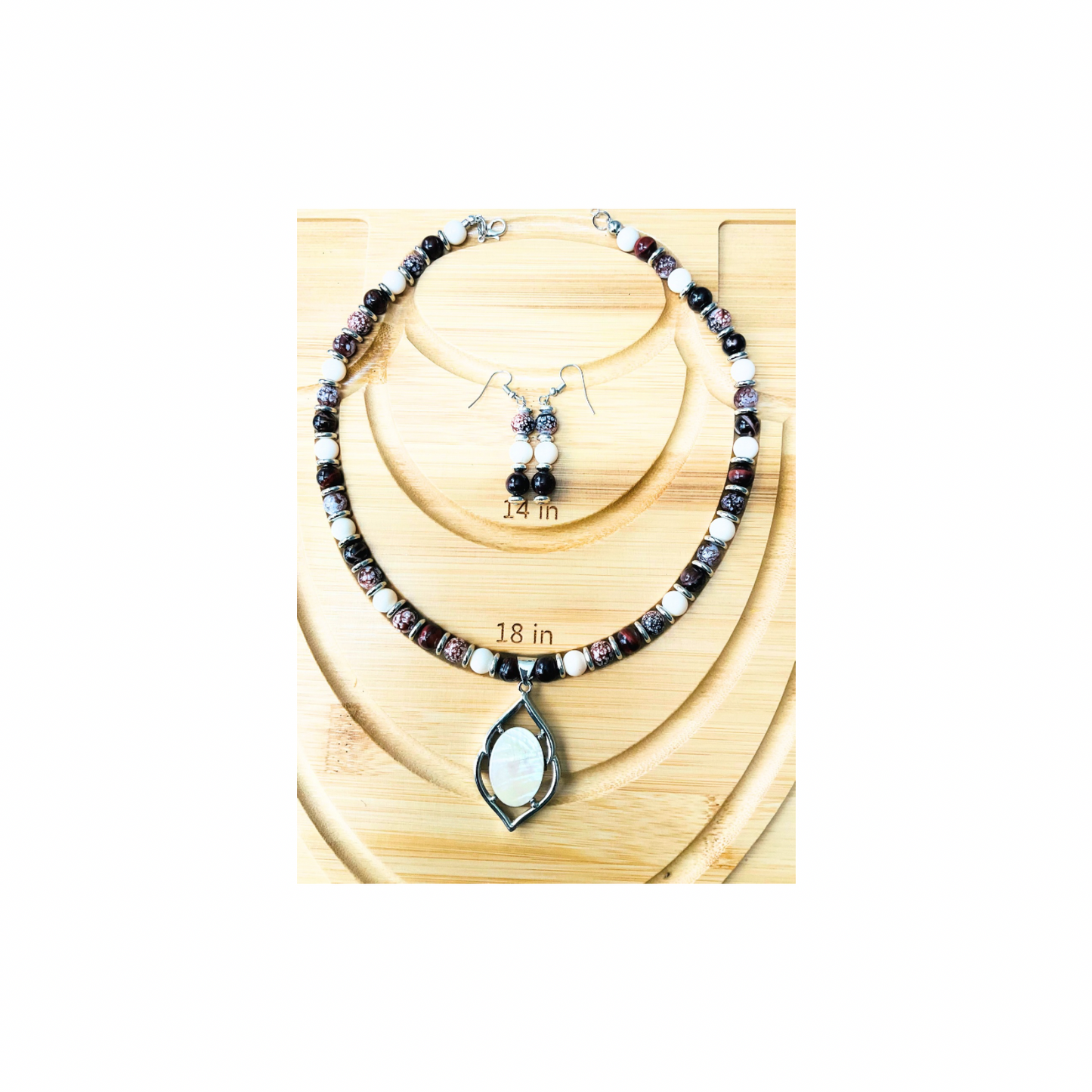 Beaded Necklace and Dangle Earring Set: Mother of Pearl Pendant