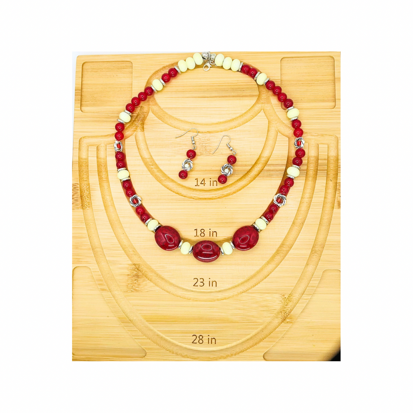 Crimson Red and Cream Beaded Necklace with Dangle Earring Set for Women's Fashion Jewelry