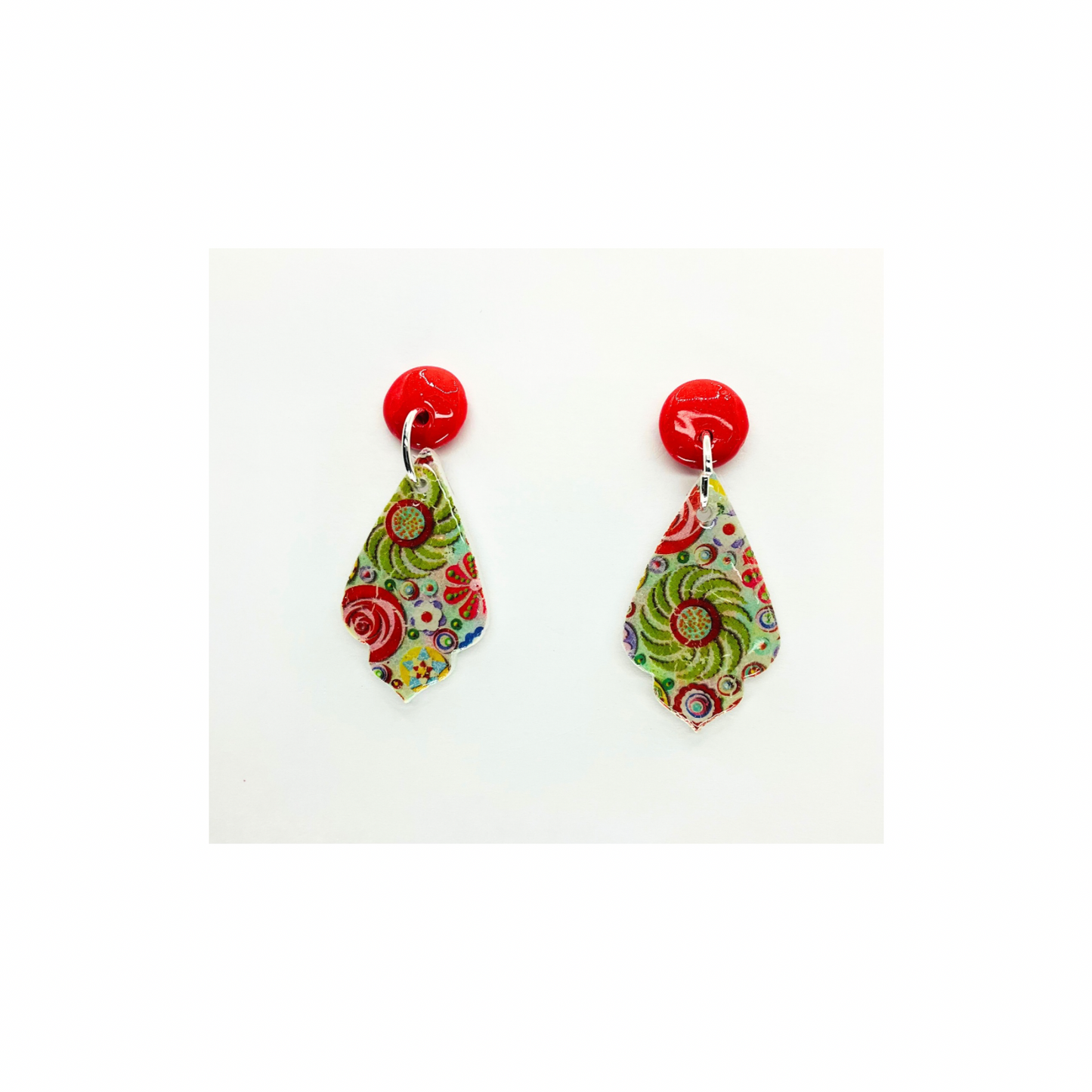 Whimsical Red and Green Teardrop with Red Button Stud Dangle Earrings for Festive Outfits
