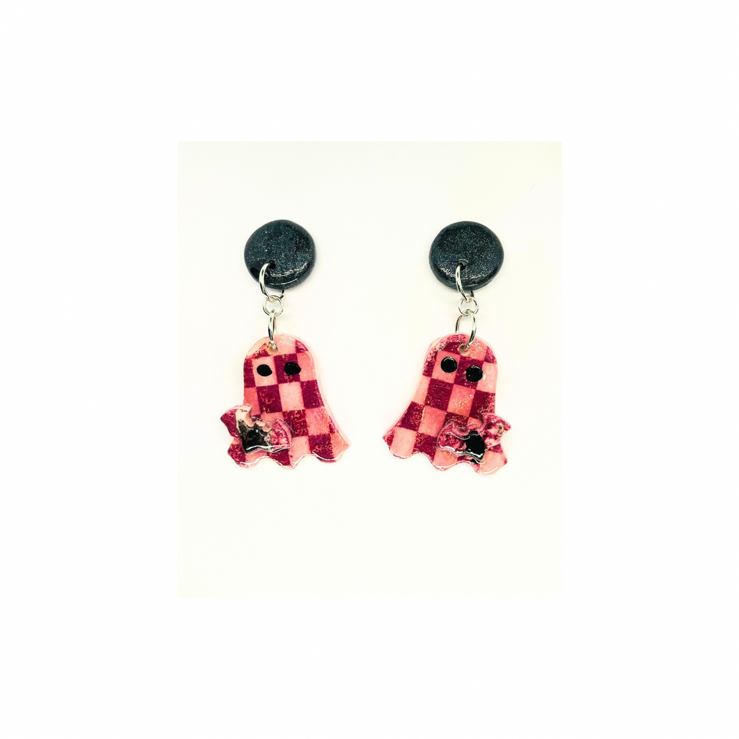 Wizard Collection Check Ghost with Bat Stud Earring - Unique Female Earrings Featuring Ghost and Bat Motif