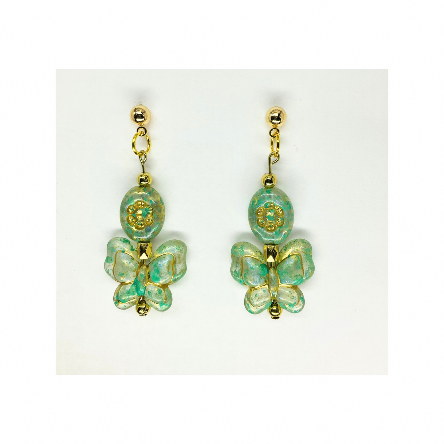 Green and Gold Bohemia Czech Butterfly Beads with Gold Ball Stud Dangle Earrings-Crafting By BB