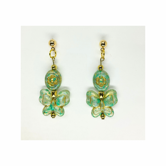 Green and Gold Bohemia Czech Butterfly Beads with Gold Ball Stud Dangle Earrings-Crafting By BB