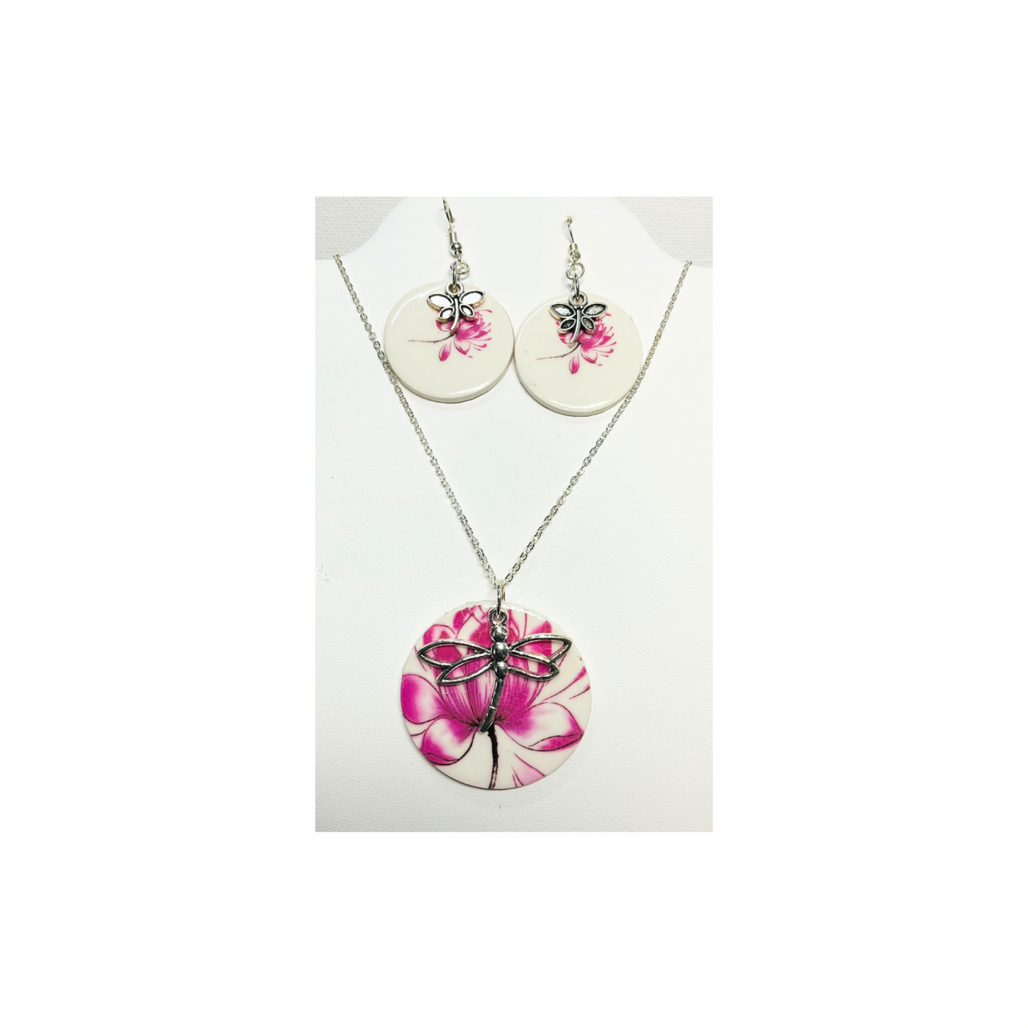 Lotus Flower Earrings and Pendant with Dragonfly Charms