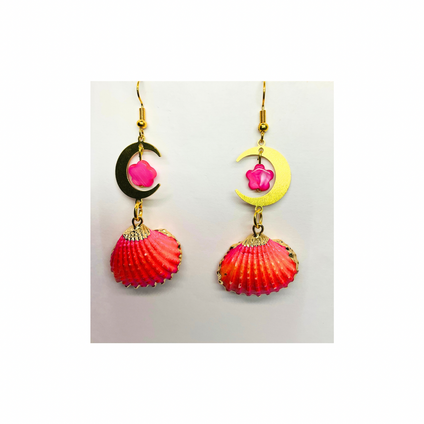 Pink Shell Collection Pink and Orange Shell with Gold Half-Moon Dangle Earrings for Women Elegant Design Versatile Appeal