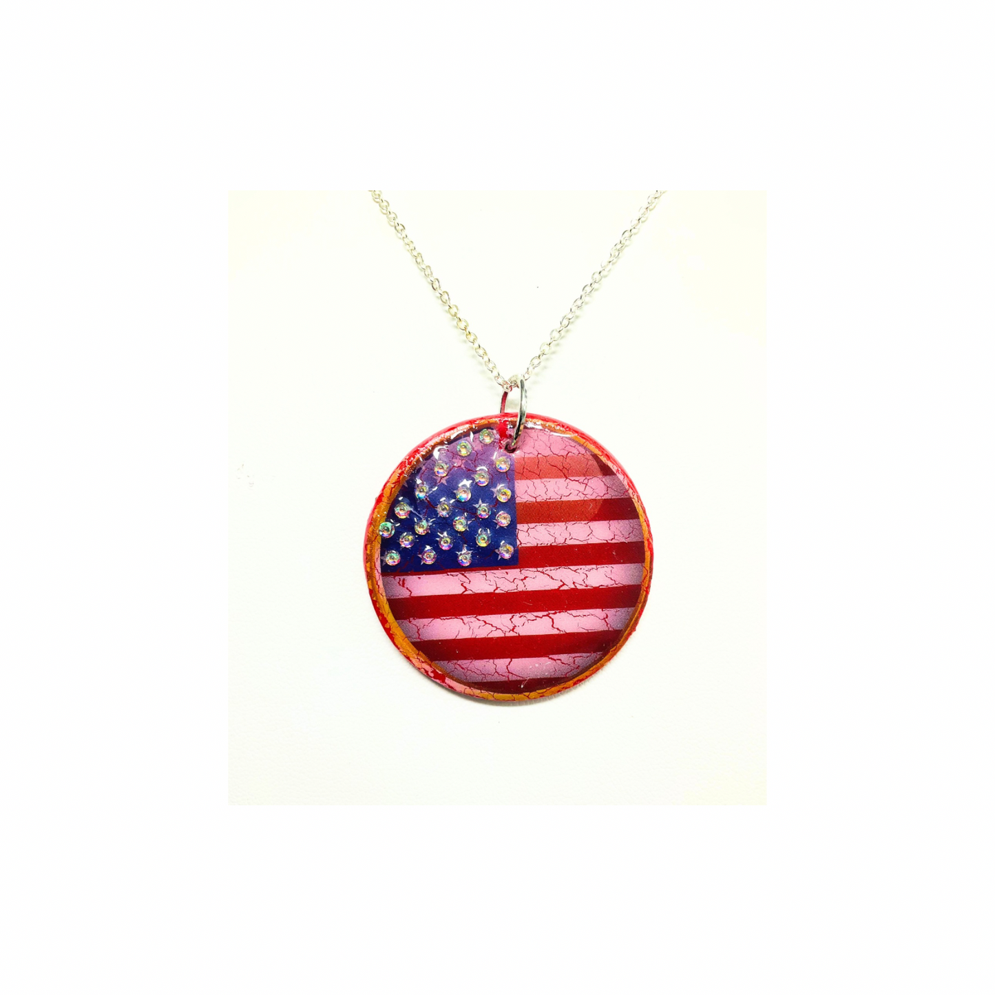 Patriotic Red White and Blue Round Pendant Necklace with Rhinestone Stars Handmade Polymer Clay UV Resin 18 Inch Silver Chain
