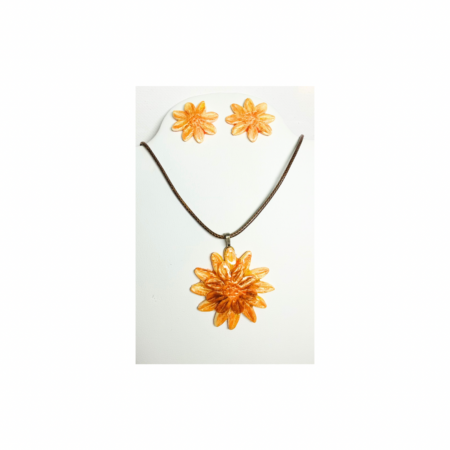 Sunflower Yellow Flower Clay Jewelry Set Handcrafted Polymer Clay Necklace & Stud Earrings Brown Rope Chain Unique Handmade Gift