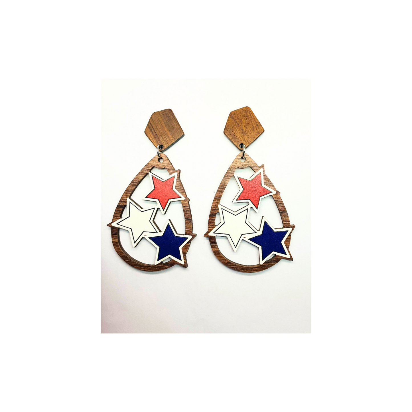 Patriotic Collection Red White Blue Wood Star Teardrop Dangle Earrings for Female Patriotic Jewelry