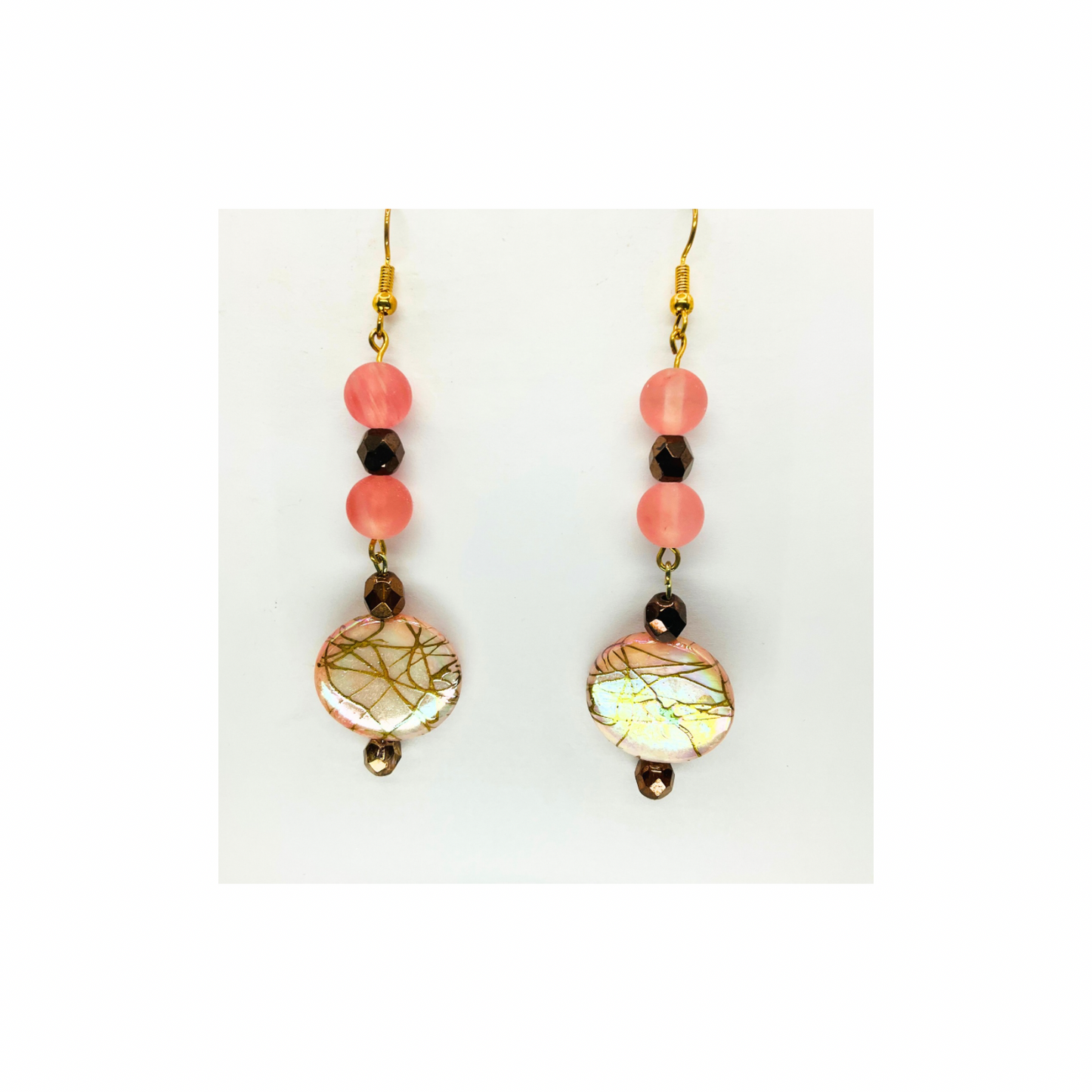Pearl Pink and Gold Disk Dangle with Pink and Bronze Beads