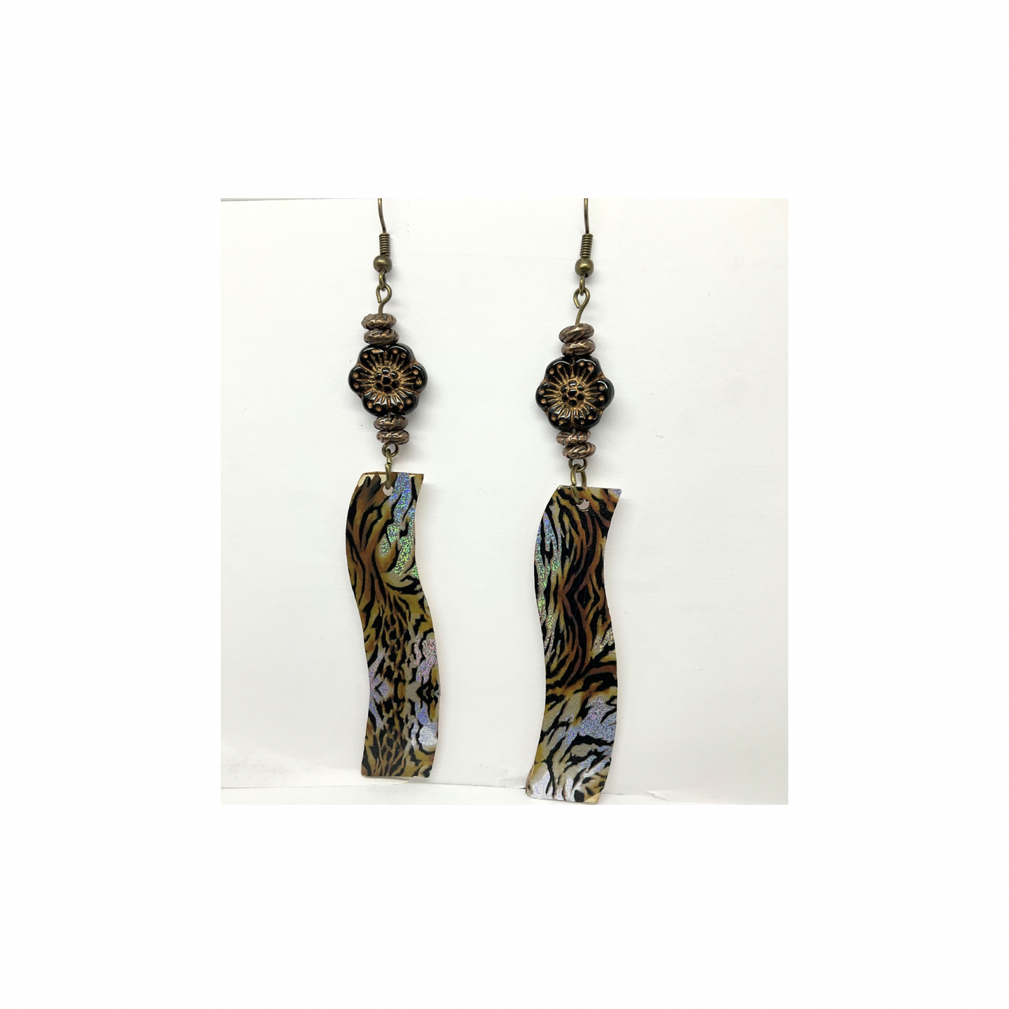 Animal Print Wood Dangle with Brown Flower Bead Earrings