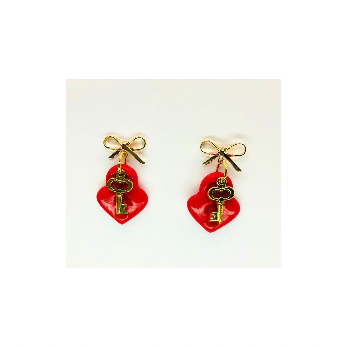 Red Heart Lock Dangle with Gild Key Charm and Bow Stud Earrings-Crafting By BB