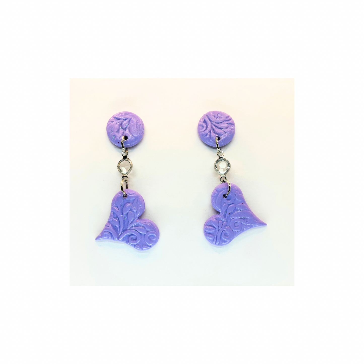 Purple Heart Dangle with Rhinestone and Button Stud Earrings