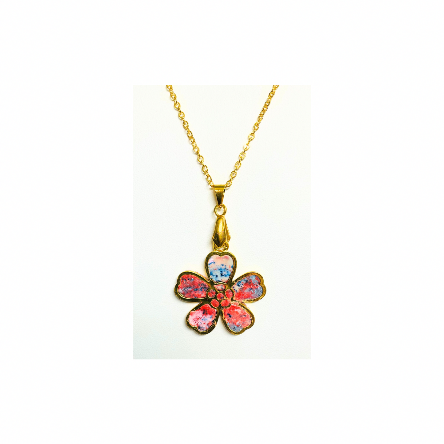 Tie Dye Gold Flower Pendant Necklace in Polymer Clay with 18-Inch Chain - Unique & Quality Crafted Jewelry