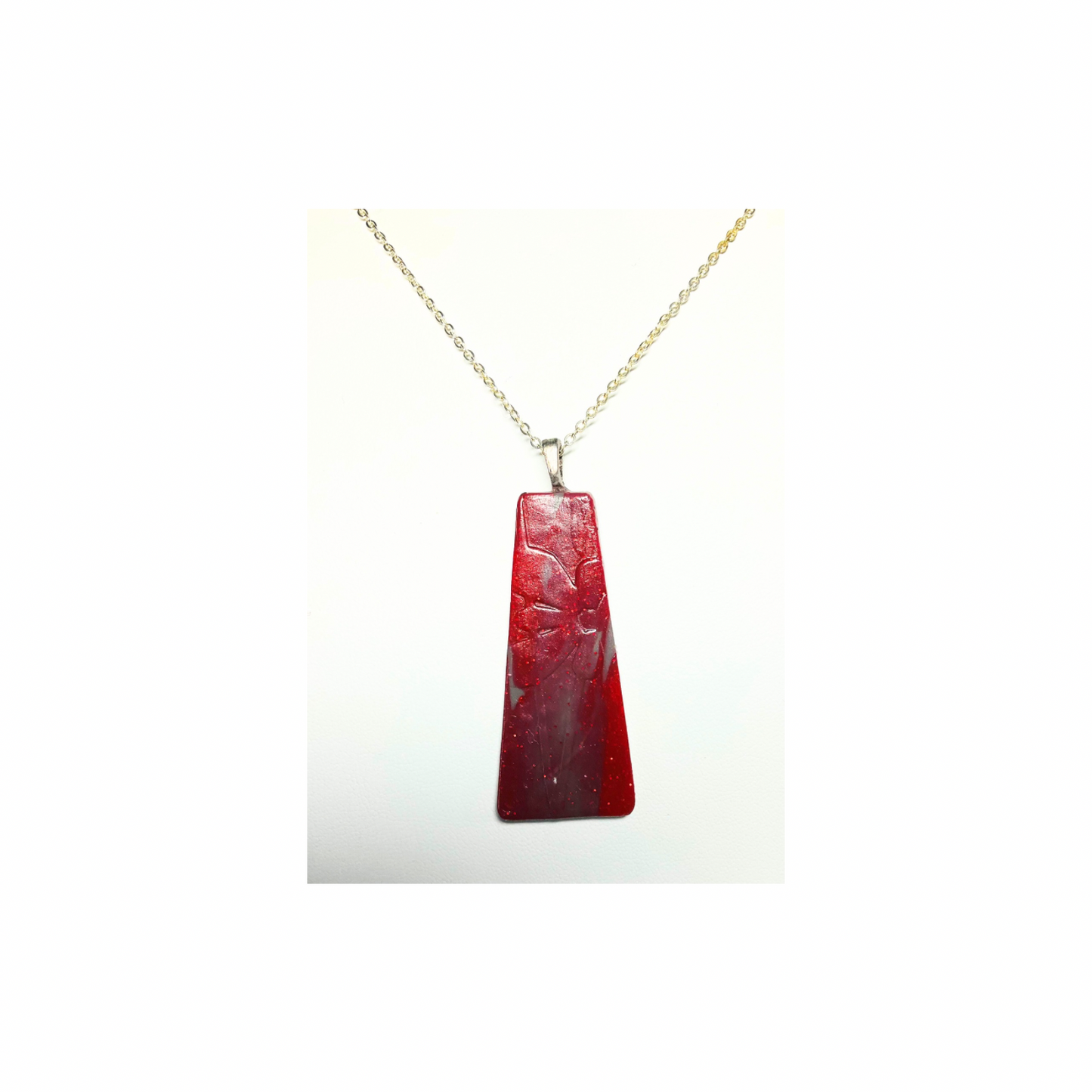 Handmade Red Polymer Clay Pendant with Pressed Flower Impressions on 18-inch Silver Chain Unique & Quality Crafted Jewelry
