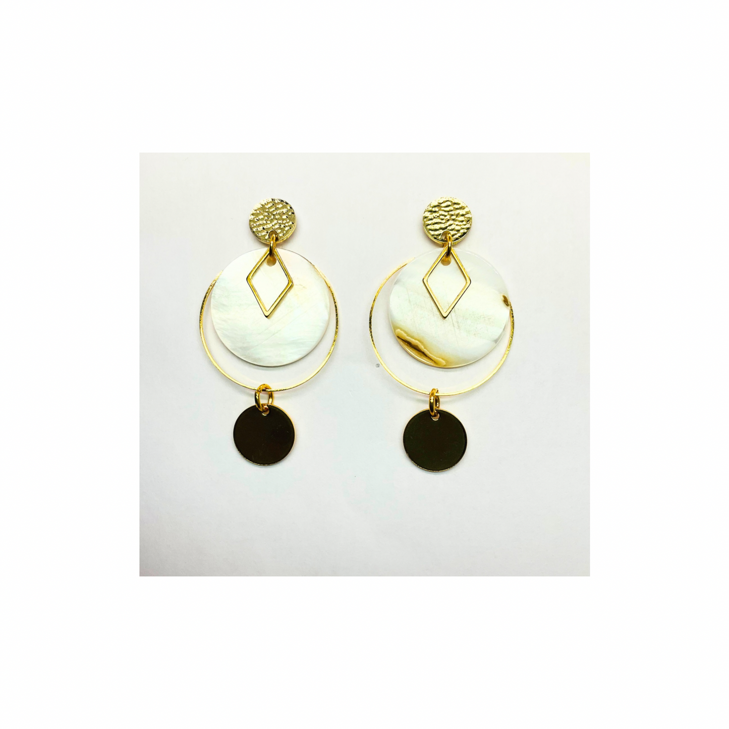 Spot Cream and Gold Collection Dangle Earrings for Female with Geometric Design and Circular Elements