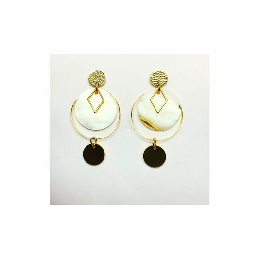 Spot Cream and Gold Collection Dangle Earrings for Female with Geometric Design and Circular Elements