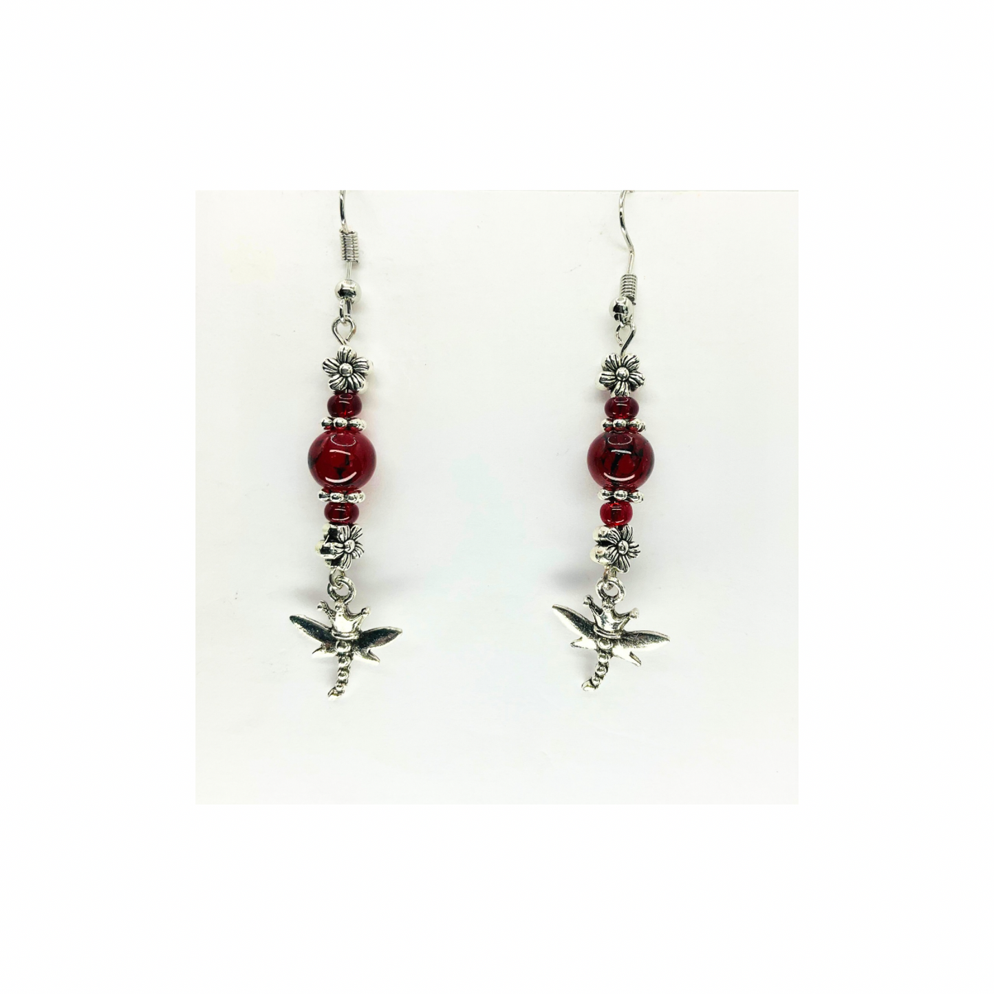 Red Crystal Glass Bead Dangle with Silver Dragonfly