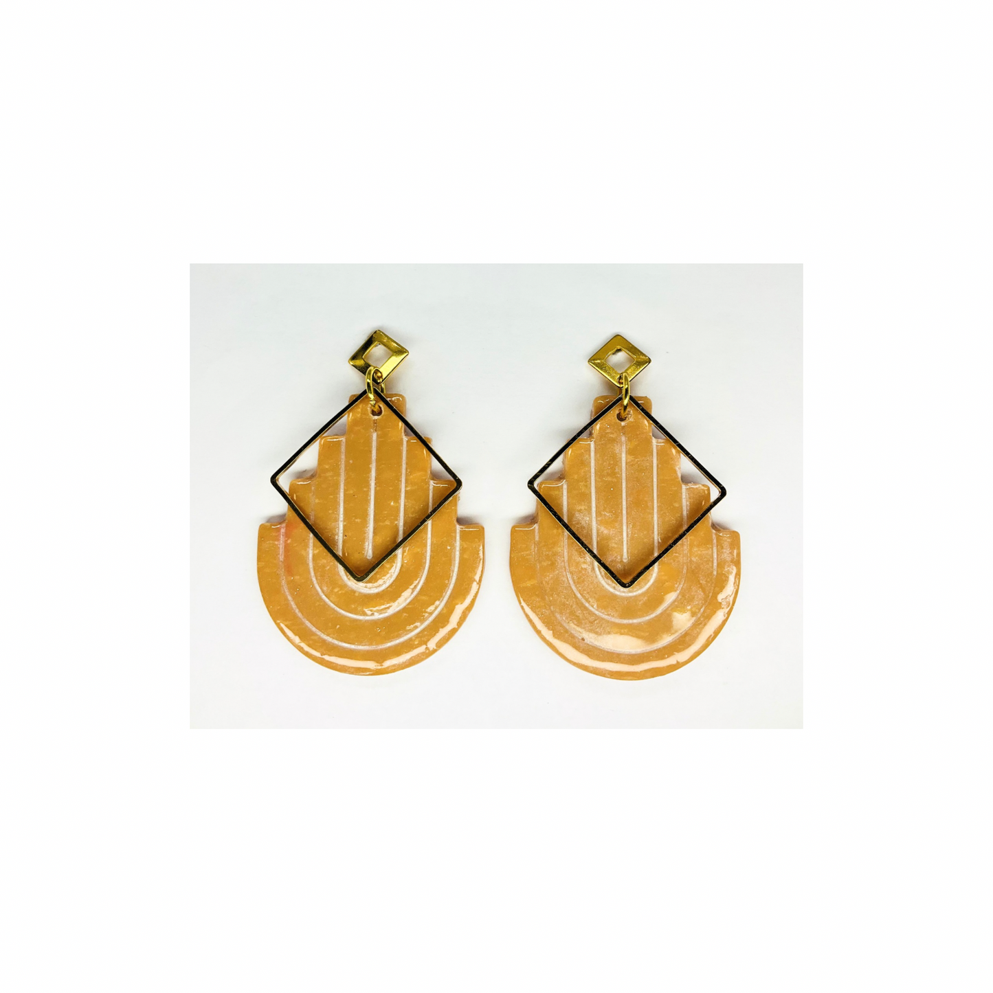 Tan U Shaped Dangle with Gold Embellishment Stus Earrings-Crafting By BB