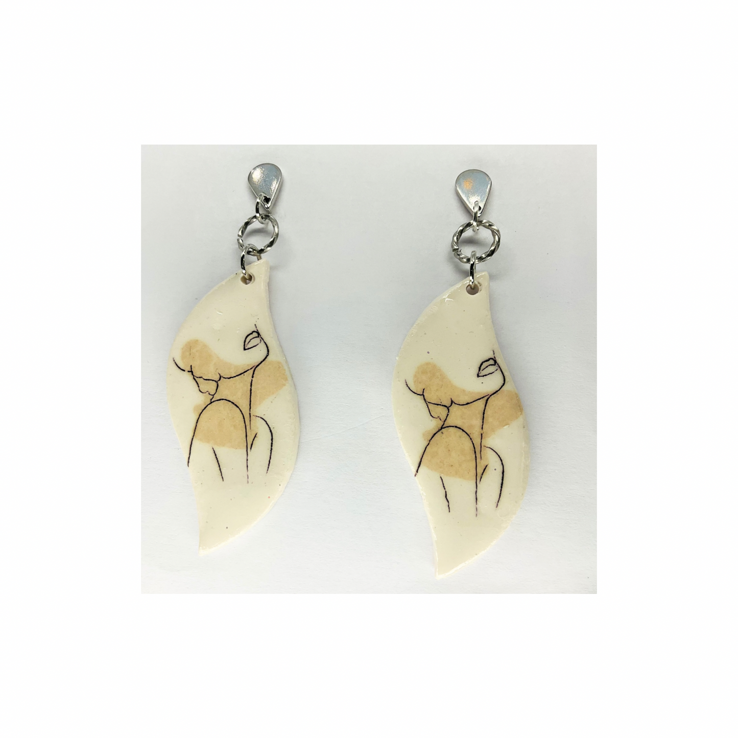 Woman Face Line Art Dangle with Silver Teardrop Stud Earrings-Crafting By BB