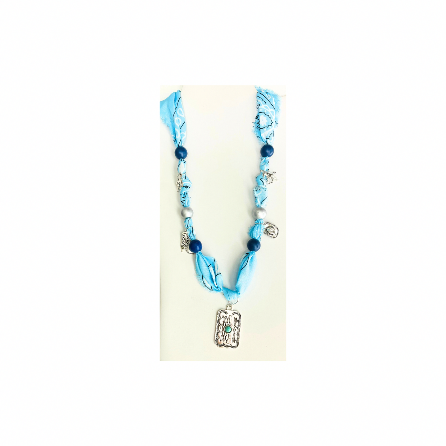 Western Style Blue 21 Inch Bandana Necklace with Silver Charms and Blue and Silver Wood Beads for Stylish Outfits