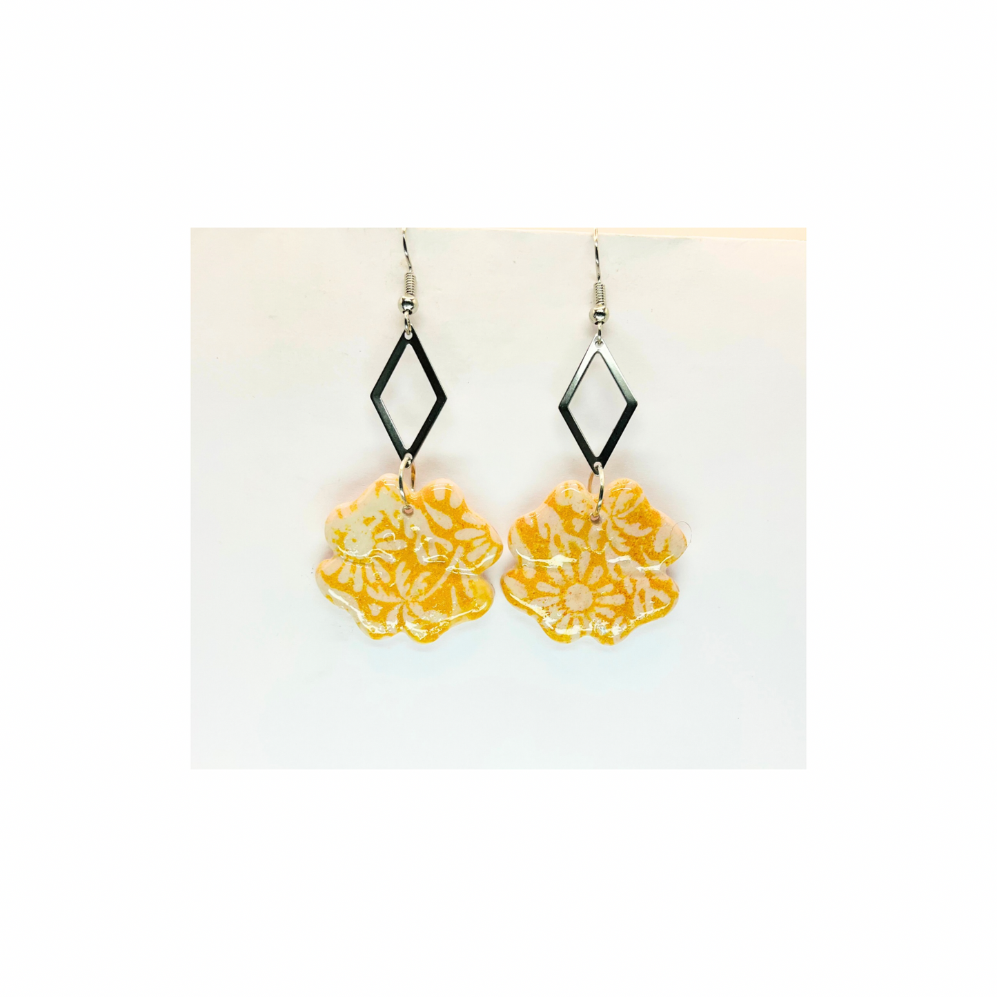 Beach Bloom Collection Yellow Four Corner Flower Dangle with Silver Diamond Embellishment Earrings