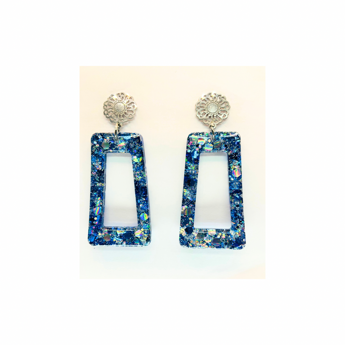 Blue Sparkle Drop with Filigree Stud Dangle Earrings