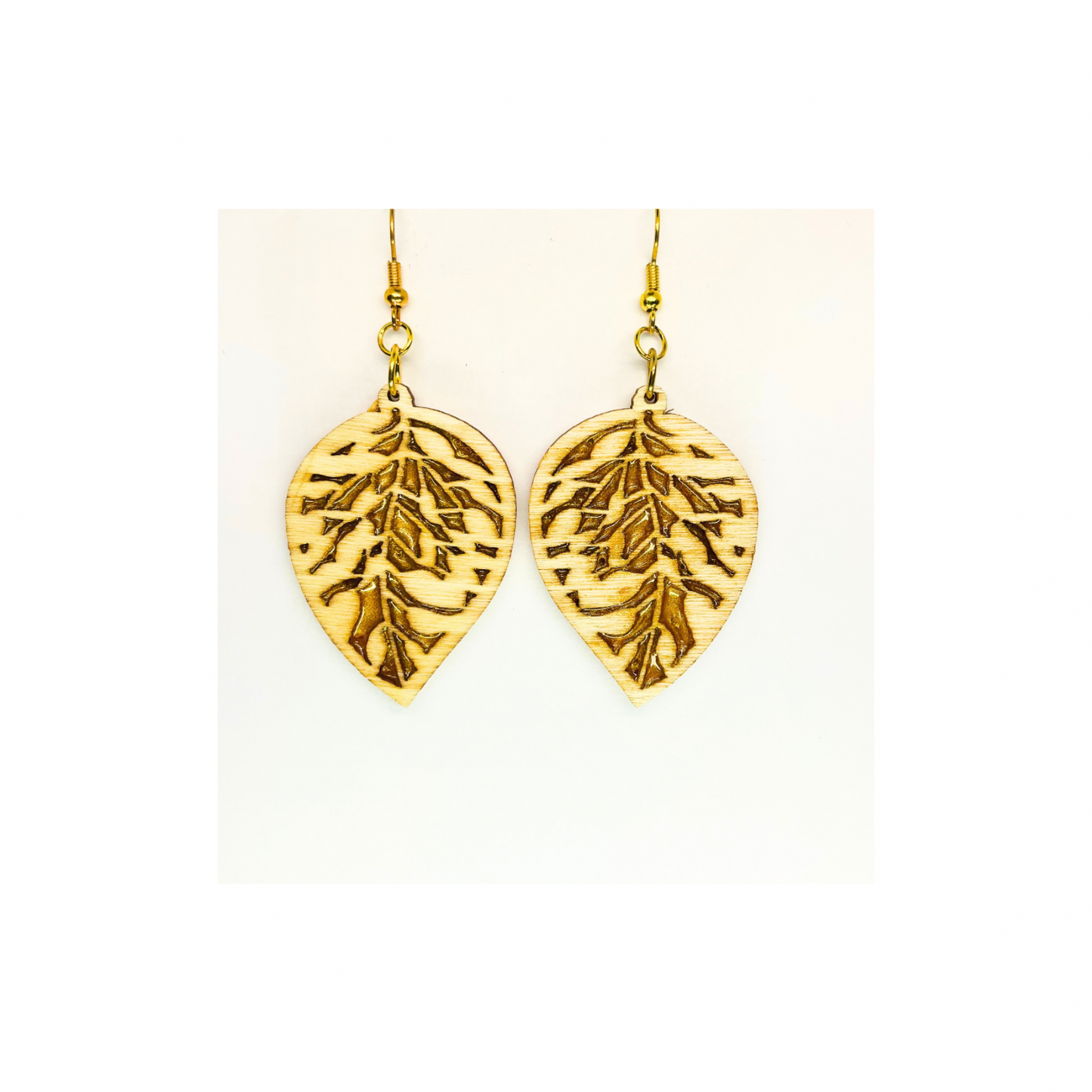 Wood Leaf Earrings with Gold Accent - Tan Wood Drop Design with Gold Resin Veins