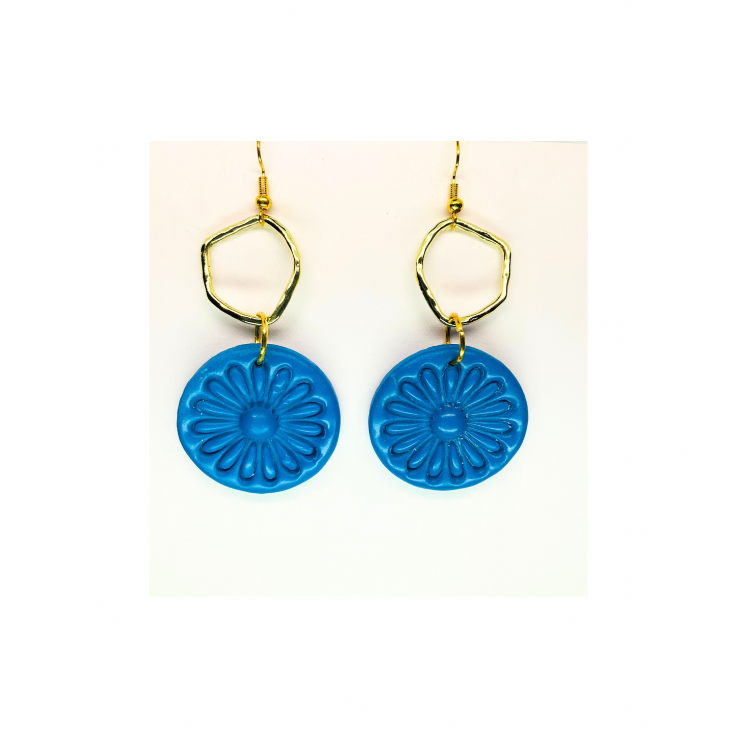 Blue Circle with Gold Accents Dangle Earrings - Unique Design Featuring Blue Circular Charms and Gold Accents