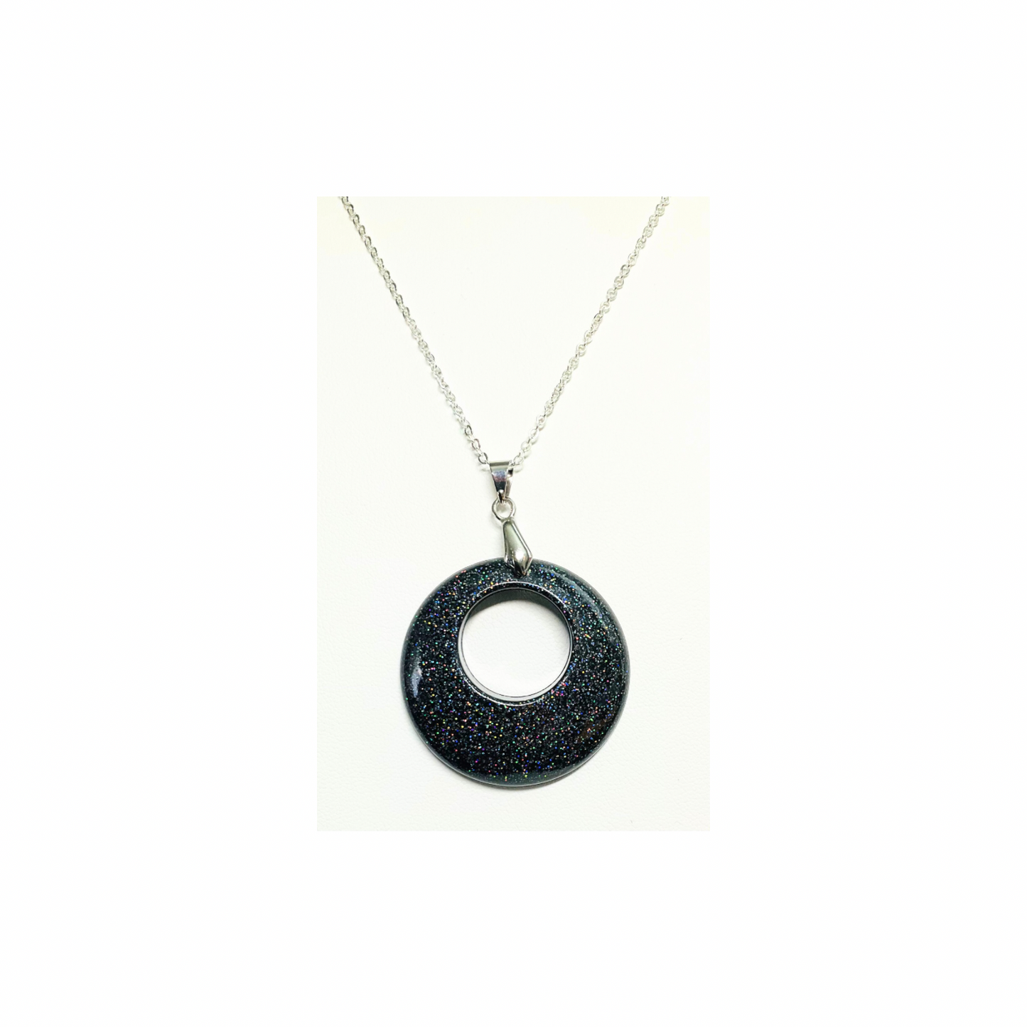 Black Sparkle Circle Necklace on 18-inch Silver Chain - Elegant Simple Design for Any Occasion