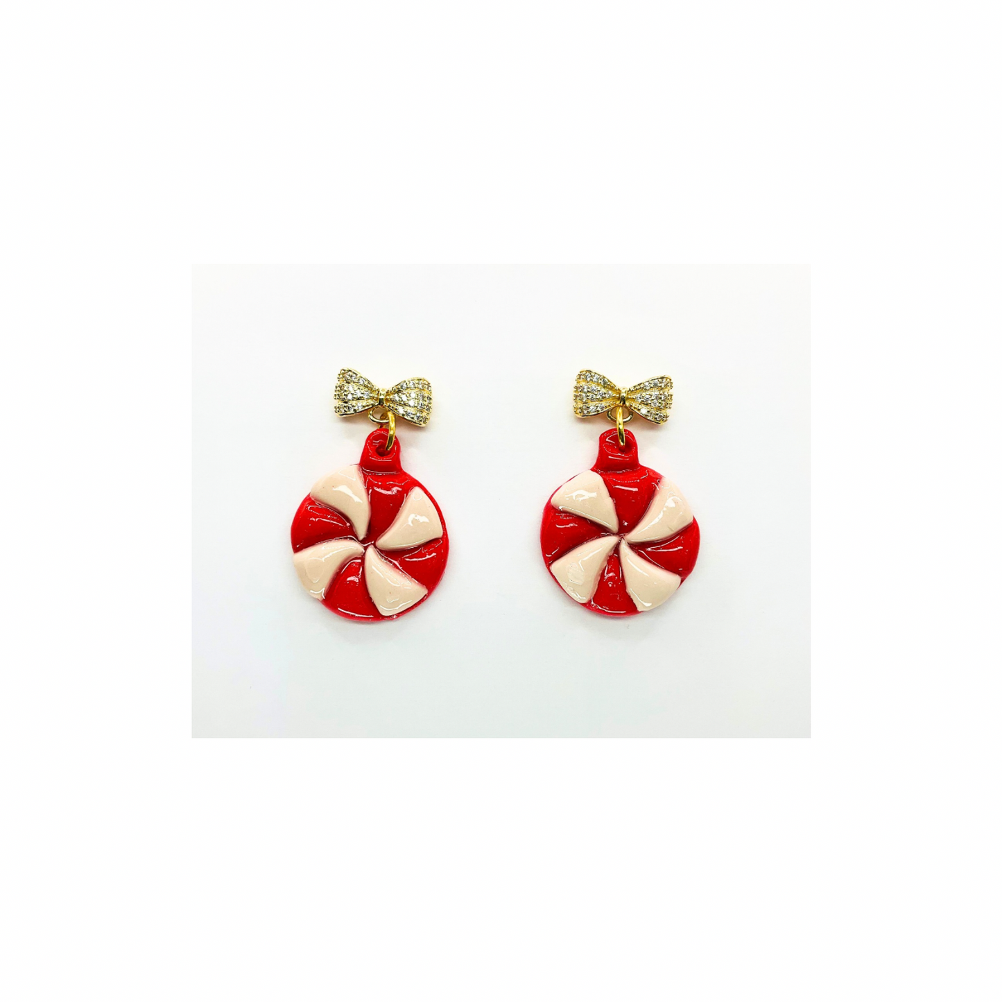 Starlight Peppermint with Gold Rhinestone Bow Stud Dangle Earrings Red & White Candy Design