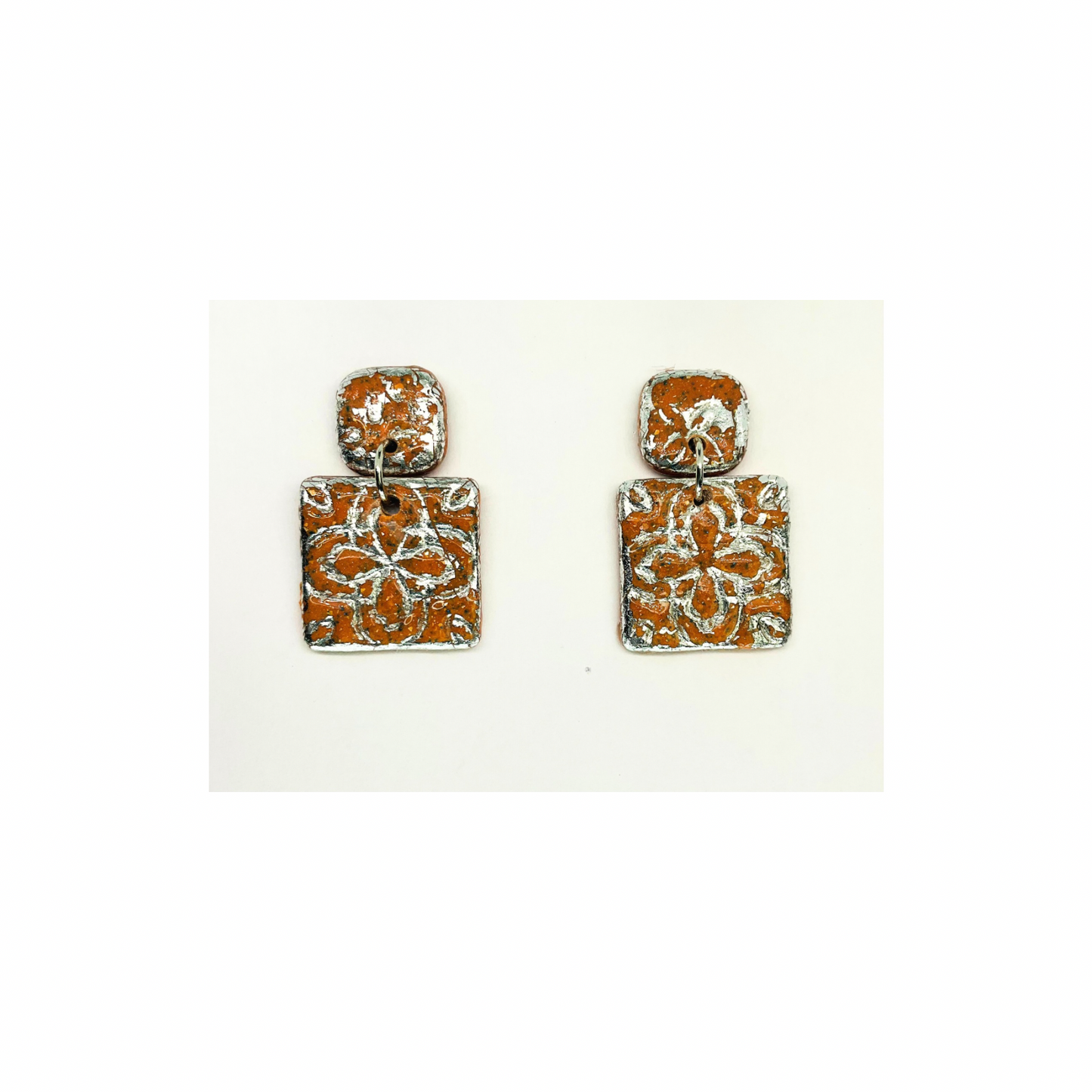 Terracotta Tile Stud Earrings for Women - Square Design with Orange and Silver Patterns Elegant Everyday Wear Jewelry