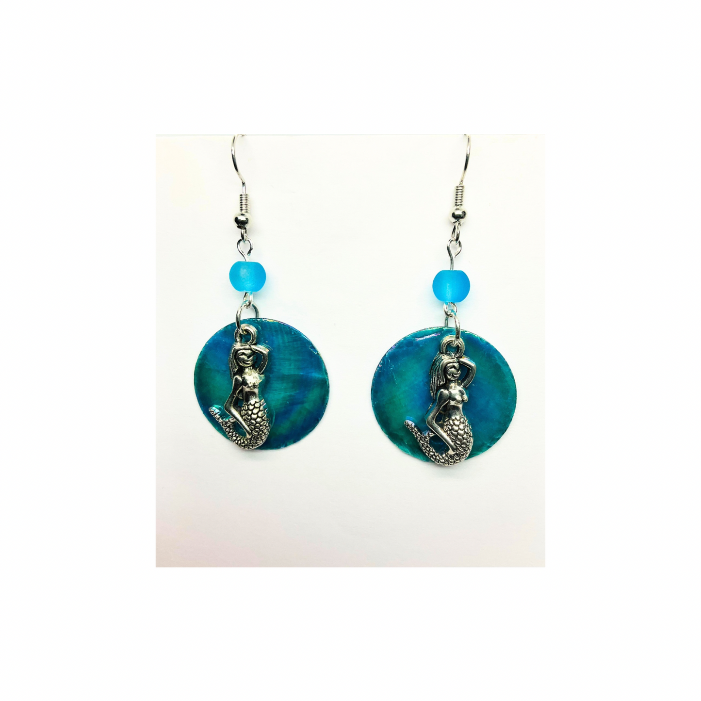 Ocean Collection Mermaid and Flat Shell Dangle Earring with Blue Bead Accent