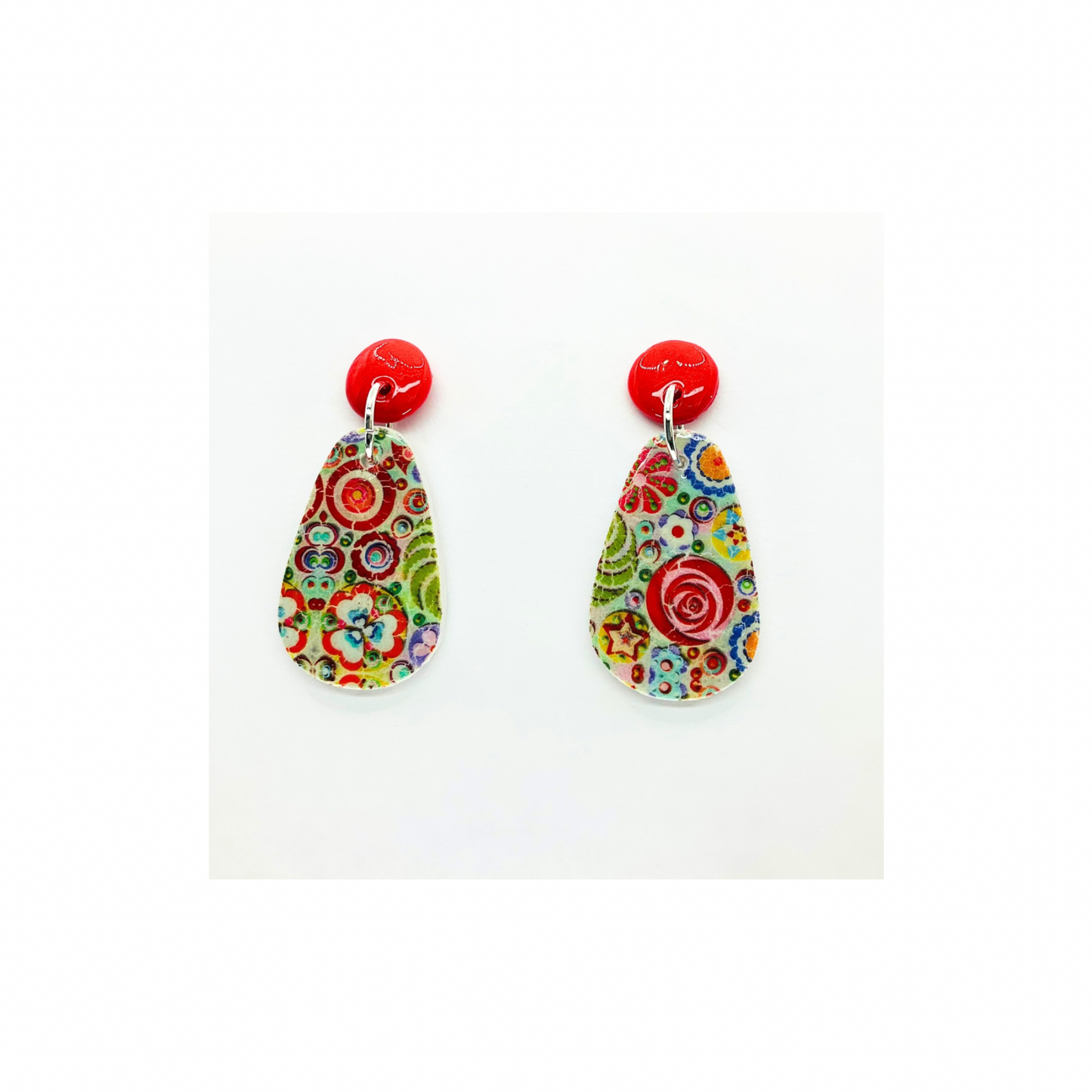 Whimsical Red and Green Dangle Earrings with Red Button Stud