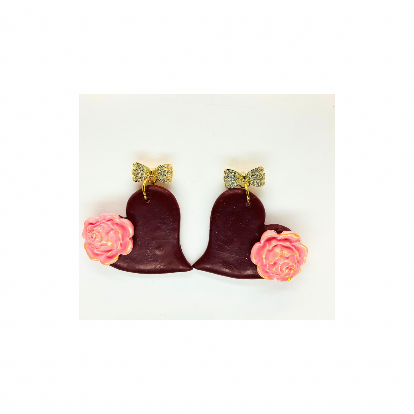 Burgundy Heart Dangle with Pink Flower and Gold Rhinestone Stud-Crafting By BB