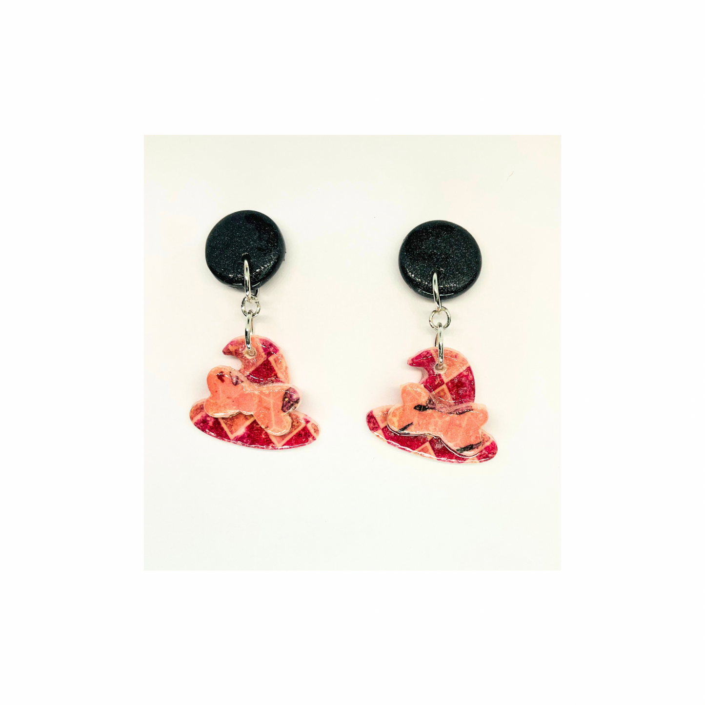 Wizard Collection Check Witch Hat with Bow Stud Earrings for Female - Black & Pink Design