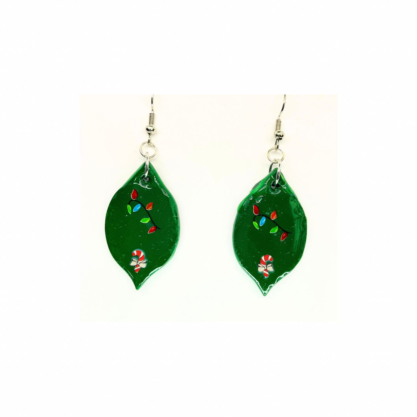Christmas in July Collection Green Ornament with Candy Cane Dangle Earrings