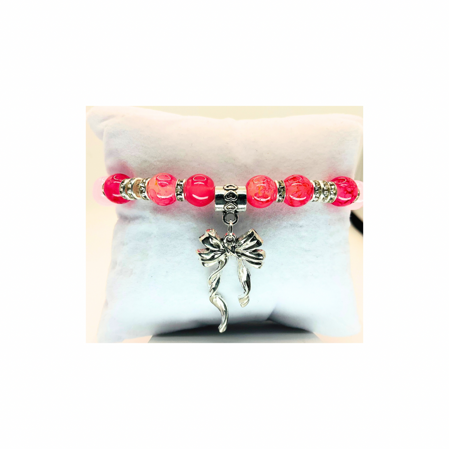 Pink and Silver Beaded Stretch Bracelet with Silver Bow Charm-Crafting By BB