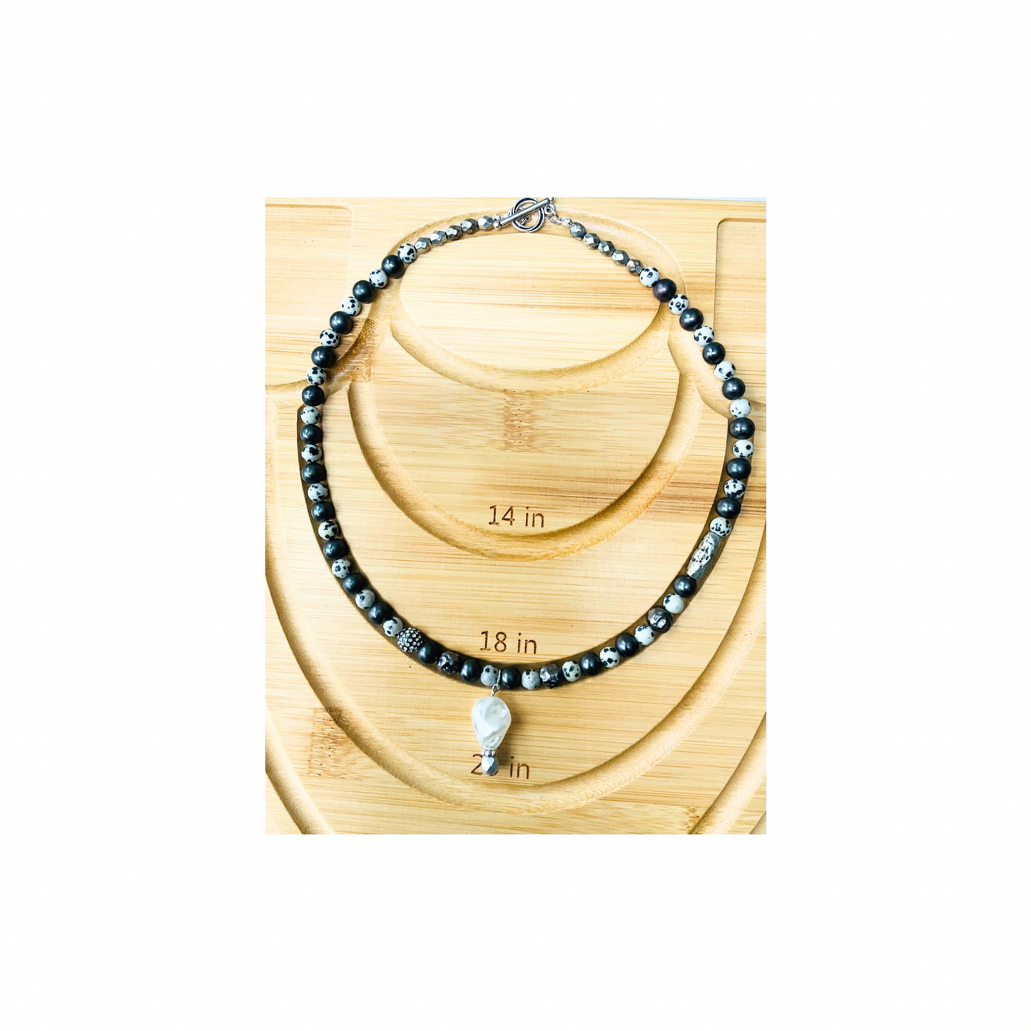 Dark Gray & Pewter Beaded 18-Inch Necklace with Pearl Drop and  Silver Toggle Fastener for Versatile Wear