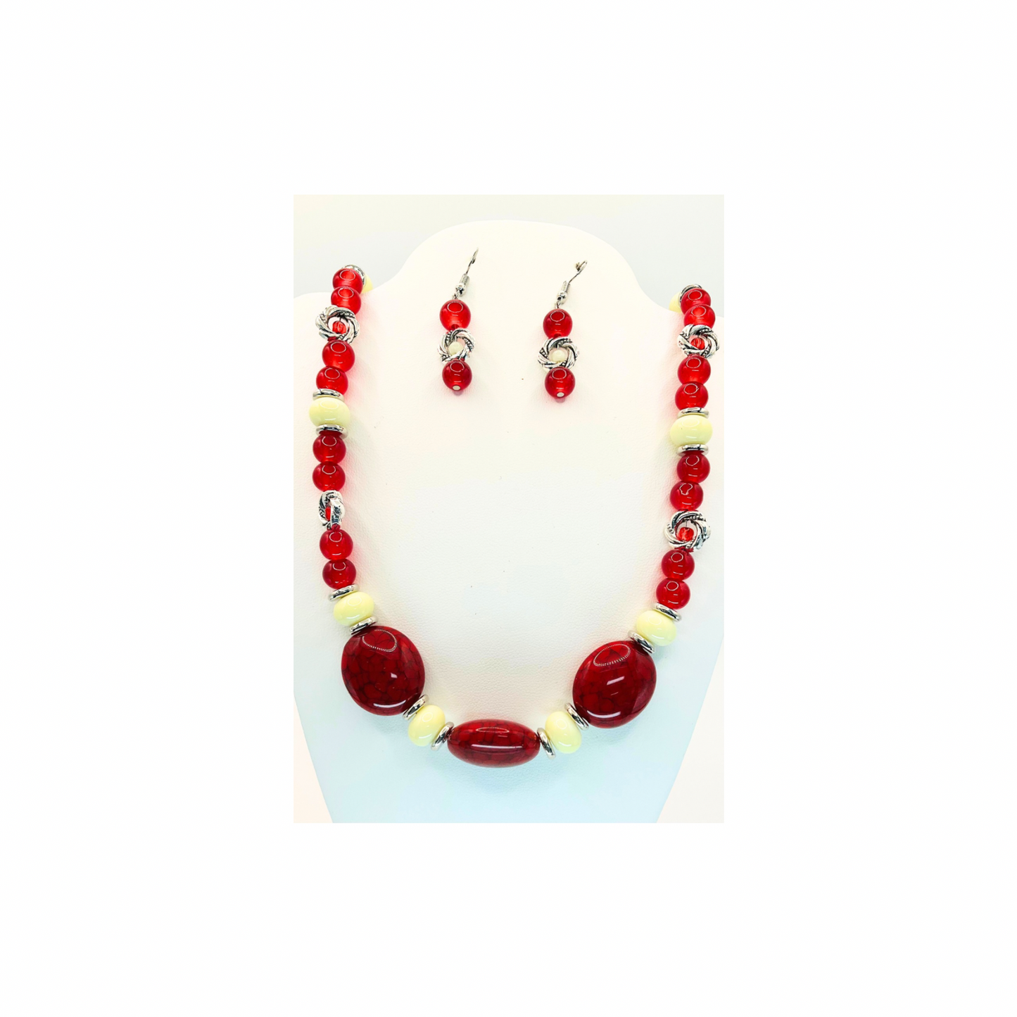 Crimson Red and Cream Beaded Necklace with Dangle Earring Set for Women's Fashion Jewelry