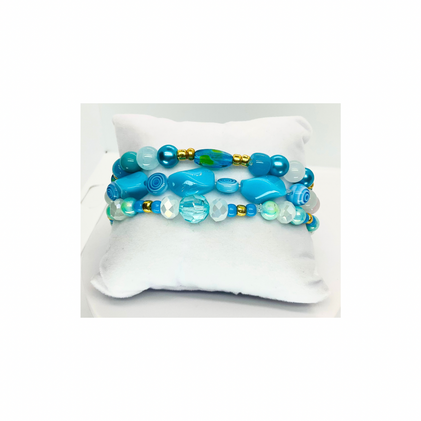 Turquoise Blue and Gold Stacked Stretch Bracelet Set of Three with Beaded Design and Gold Accents