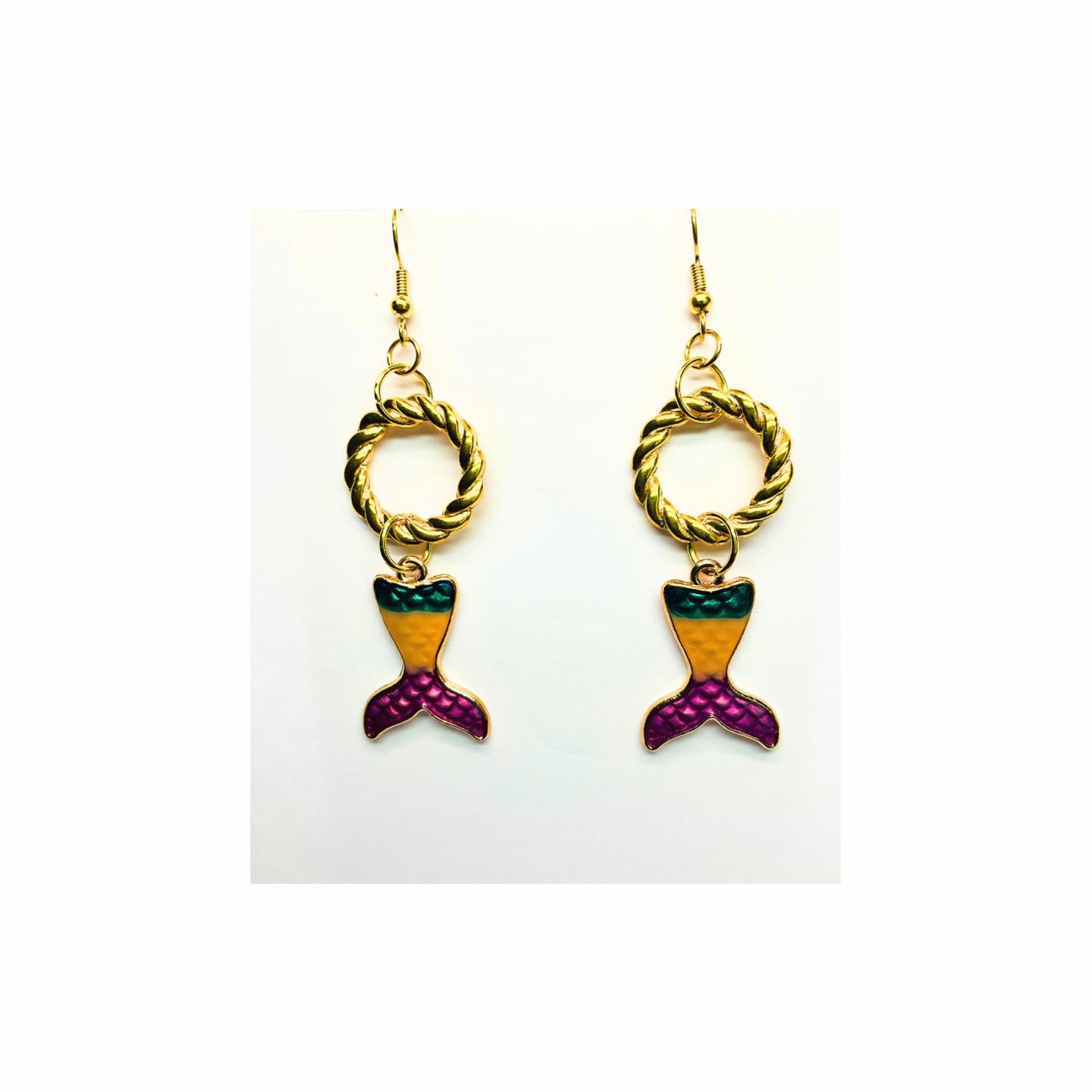 Mermaid Collection Bright Tail with Gold Dangle Earring - Colorful Mermaid Design & Gold Woven Loop Charm