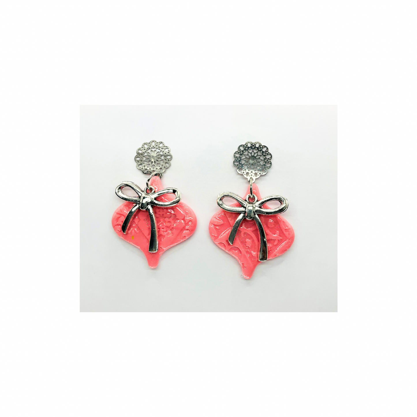 Pink Ornament Earrings with Silver Bow and Stud Dangle for Women