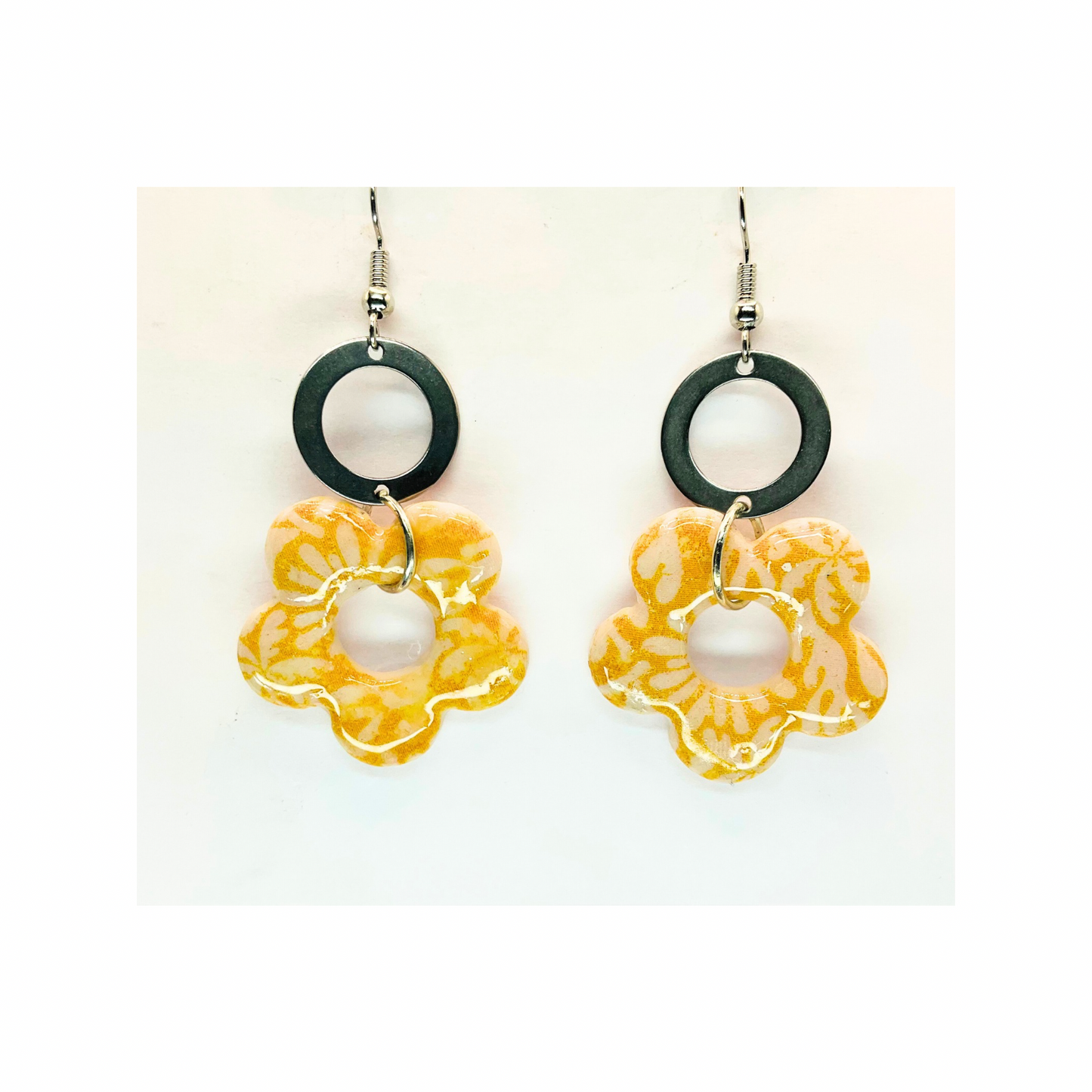 Beach Bloom Collection Yellow Flower Dangle with Silver Circle Earrings