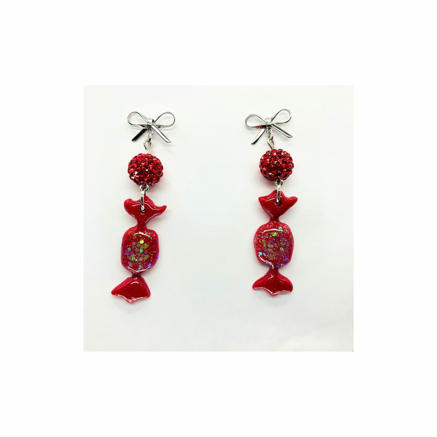 Red Wrapped Candy Earrings with Sparkle Beads and Silver Bow Studs Dangle Design for Festive Wear