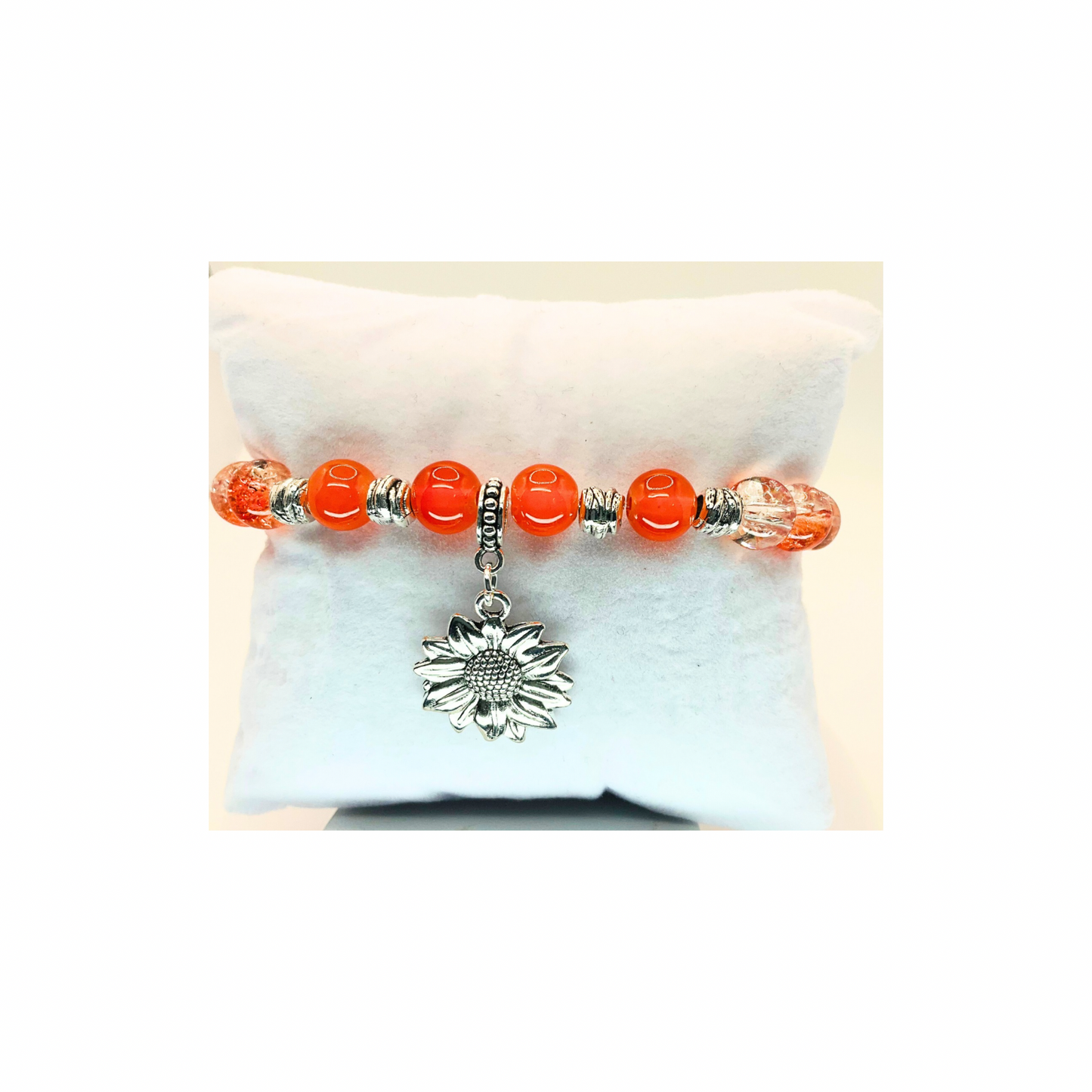 Tangerine and Silver Stretch Bracelet with Silver Sunflower Charm-Crafting By BB