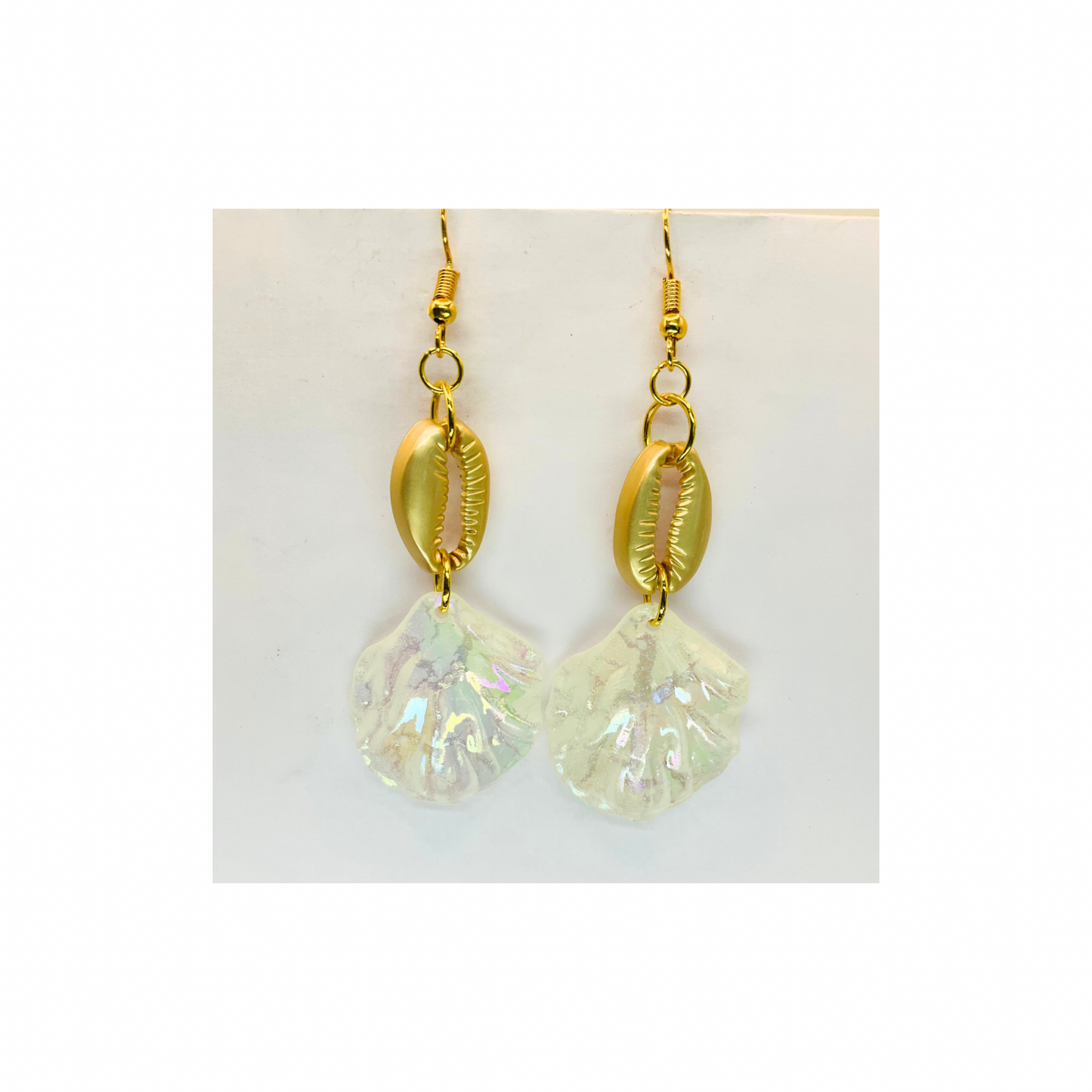Mermaid Collection Crackle Cream Shell and Gold Dangle Earring with Unique Design Elements